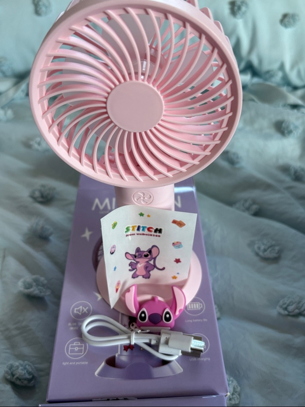 Portable Pink Handheld Fan with Stitch Charm